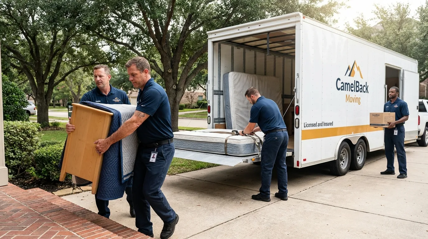 Crew loading residential truck for cross-state move from Connersville, IN