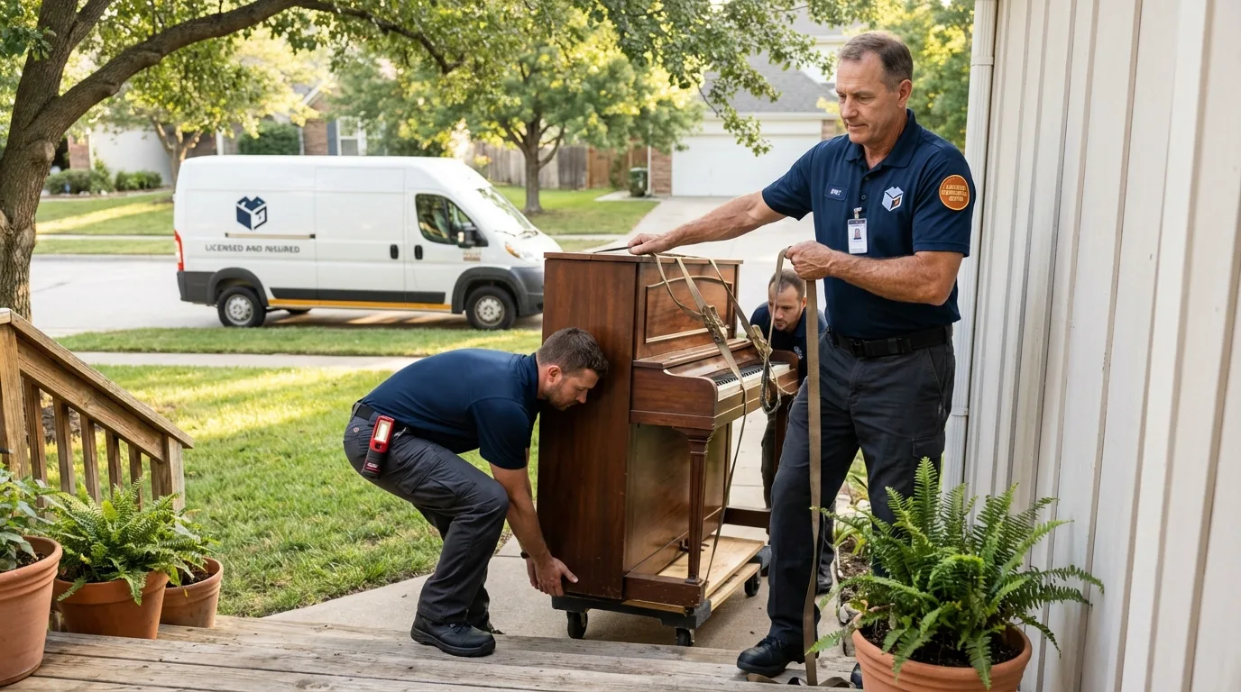 Licensed piano movers securing grand piano in Connersville, IN