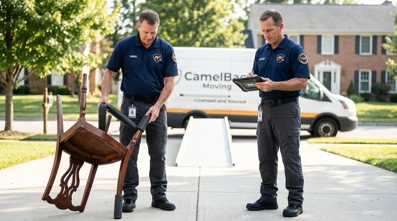 Movers inspecting furniture for damage prevention before loading in Connersville, IN