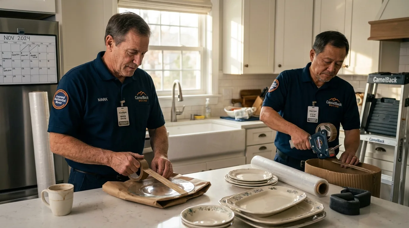 Professional crew packing kitchen dishware in Connersville, IN
